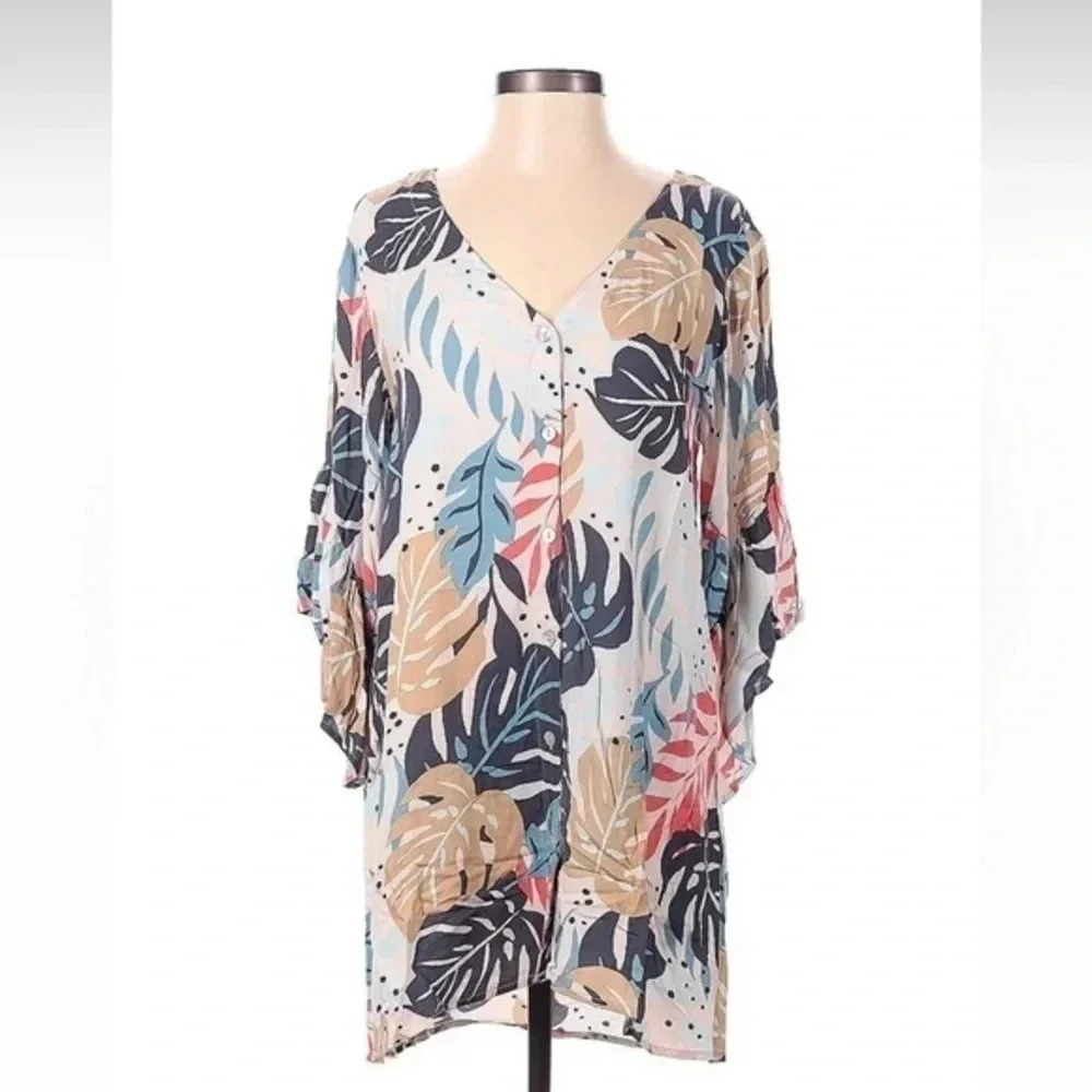 Saltwater Luxe Coastal Palm Leaf Button Front Bell Sleeve Swim Coverup Size XS